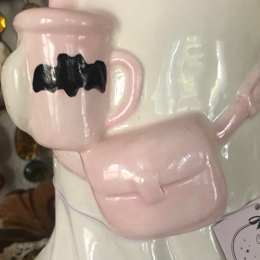 NEW Pink Bow Ghost Ceramic Halloween Figurine w/ Pink Purse & Cup - Picture 3 of 6